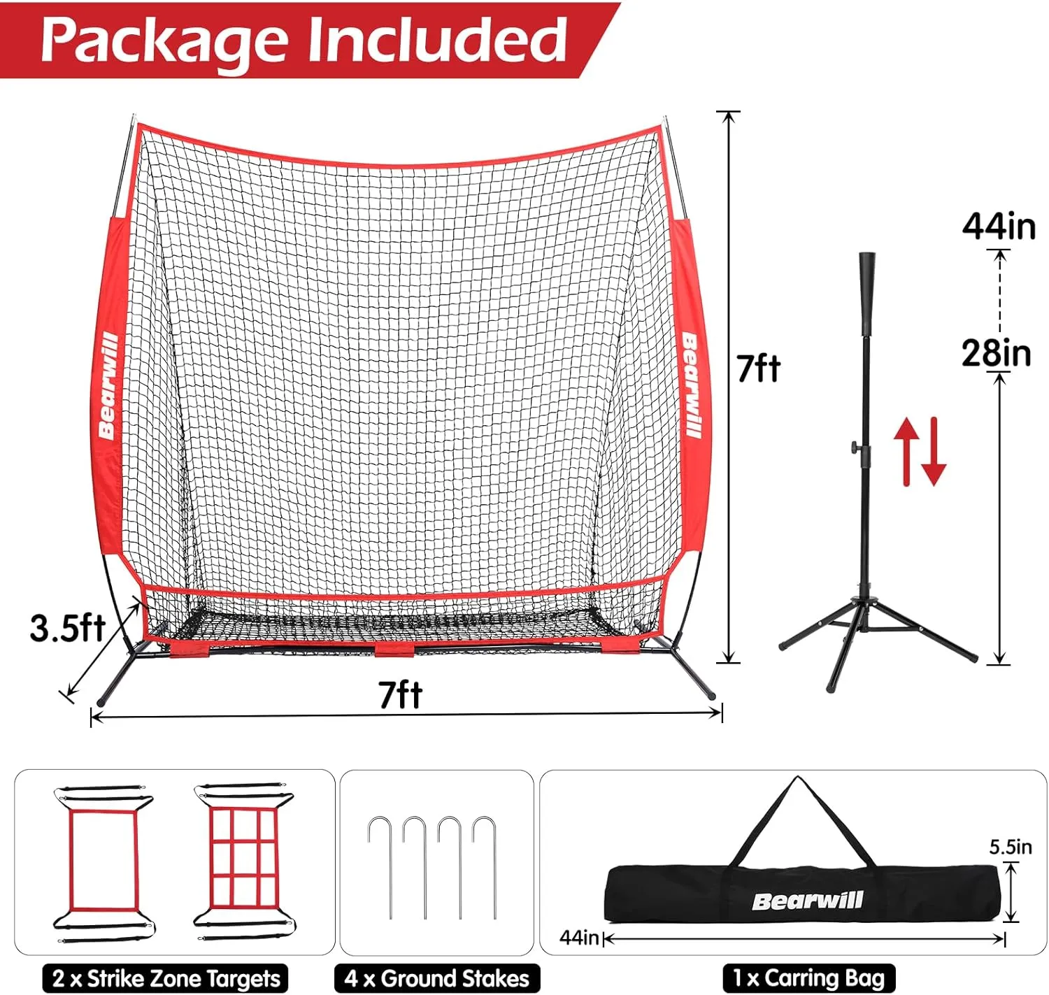 Baseball Net, 7x7ft Baseball Softball Pitching Net with Large Ball Collection System, Hitting Net Batting Net with Tee, 2 Strike Zones, Carry Bag, Baseball Nets for Batting Hitting Pitching