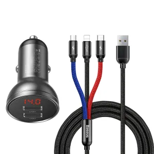 Baseus 3 in 1 Car Charger Suit - Digital Display Dual USB, Cable USB 1.2M