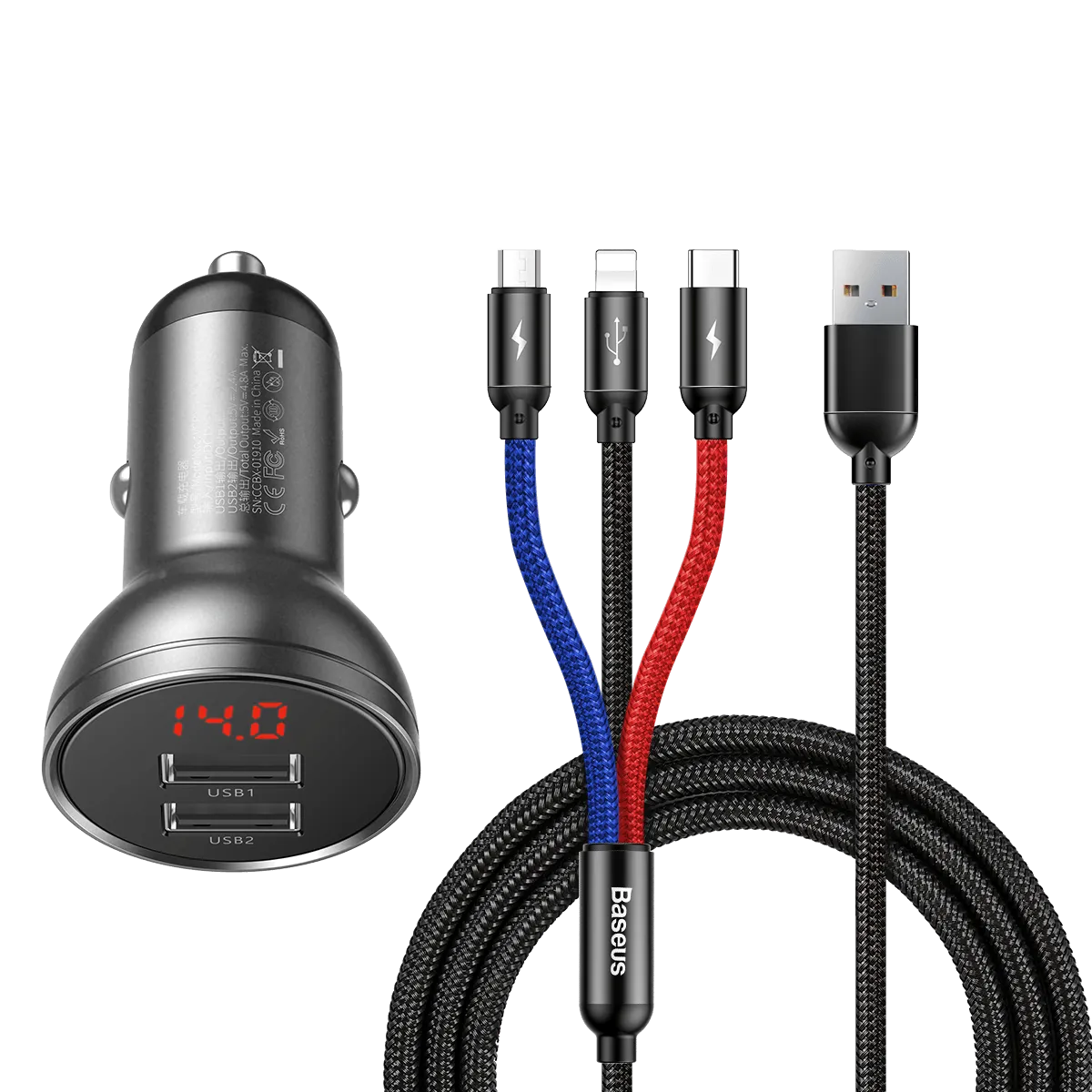 Baseus 3 in 1 Car Charger Suit - Digital Display Dual USB, Cable USB 1.2M