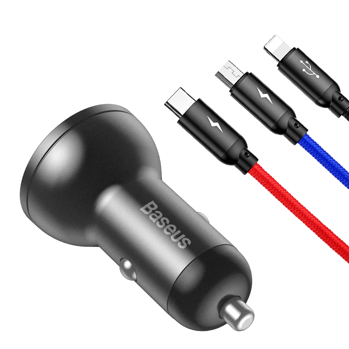 Baseus 3 in 1 Car Charger Suit - Digital Display Dual USB, Cable USB 1.2M