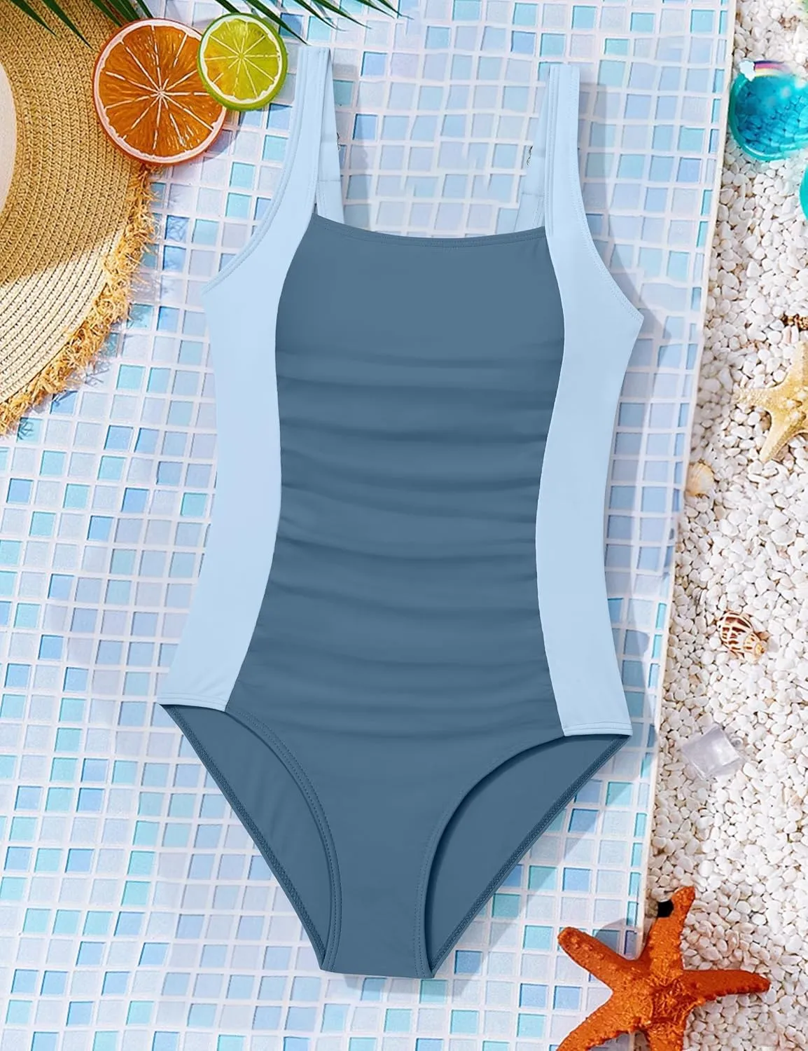 BAVEDER Girls Swimsuit One Piece Swimsuits Solid Ruched Bathing Suit for Girls Full Coverage Modest Padded Swimwear 9-16y