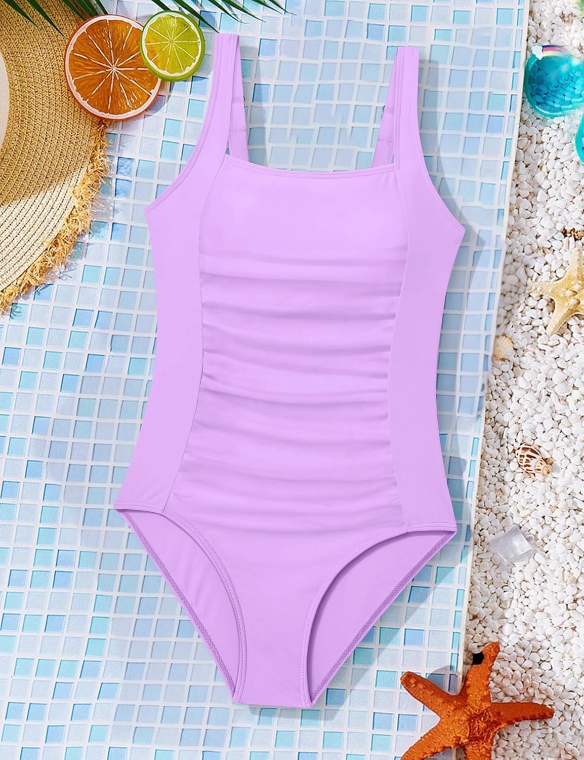 BAVEDER Girls Swimsuit One Piece Swimsuits Solid Ruched Bathing Suit for Girls Full Coverage Modest Padded Swimwear 9-16y