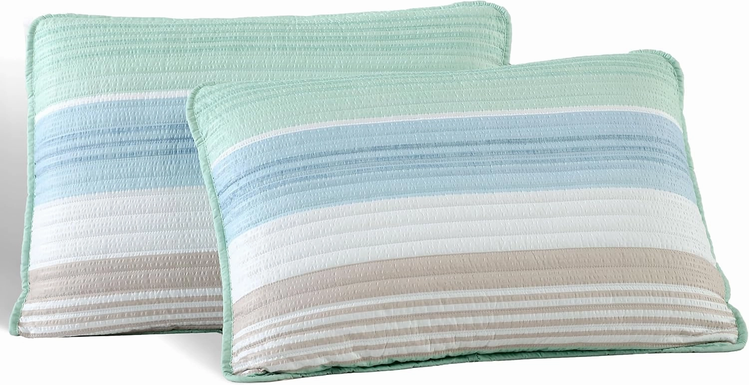 Beatrice Home Fashions Coralinn Striped 3-Piece Quilt Set, Lightweight, All-Seasons, King, Sage Blue