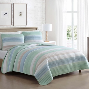 Beatrice Home Fashions Coralinn Striped 3-Piece Quilt Set, Lightweight, All-Seasons, King, Sage Blue