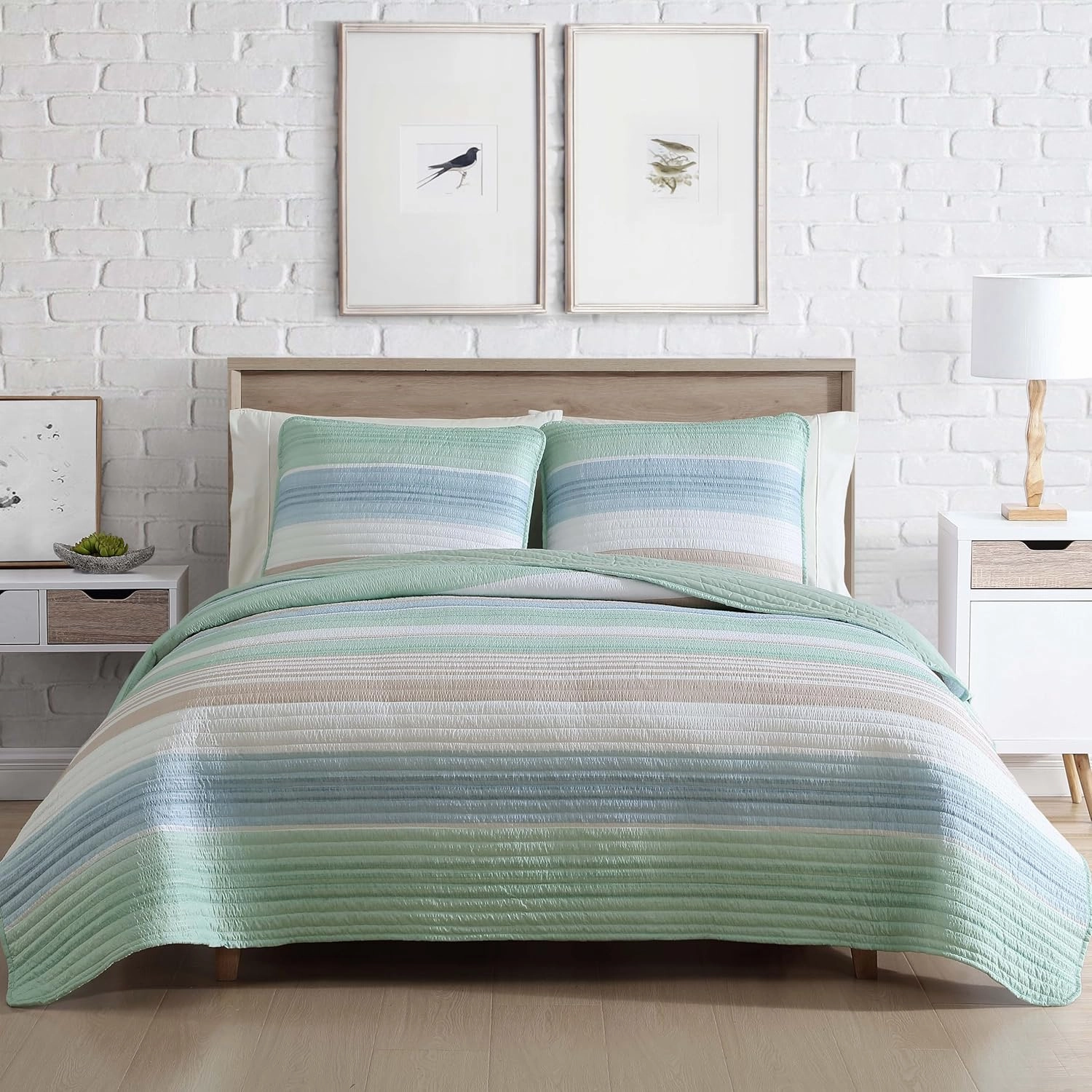 Beatrice Home Fashions Coralinn Striped 3-Piece Quilt Set, Lightweight, All-Seasons, King, Sage Blue