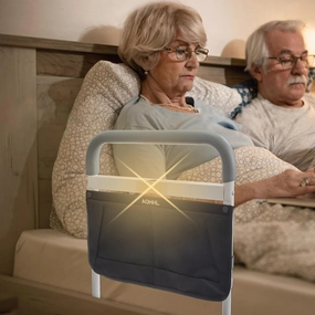 Bed Rails for Elderly Adults Safety with Motion Light Adjustable Heights Storage Pocket Assist Support Side Railing for Seniors Slides Bed Guard Bed Handle Bars (Grey Handle with Warm Light)