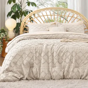 Bedsure Queen Comforter Set - Beige Comforter, Boho Tufted Shabby Chic Bedding, 3 Pieces Vintage Farmhouse Bed Set for All Seasons, Fluffy Soft Bedding with 2 Pillow Shams