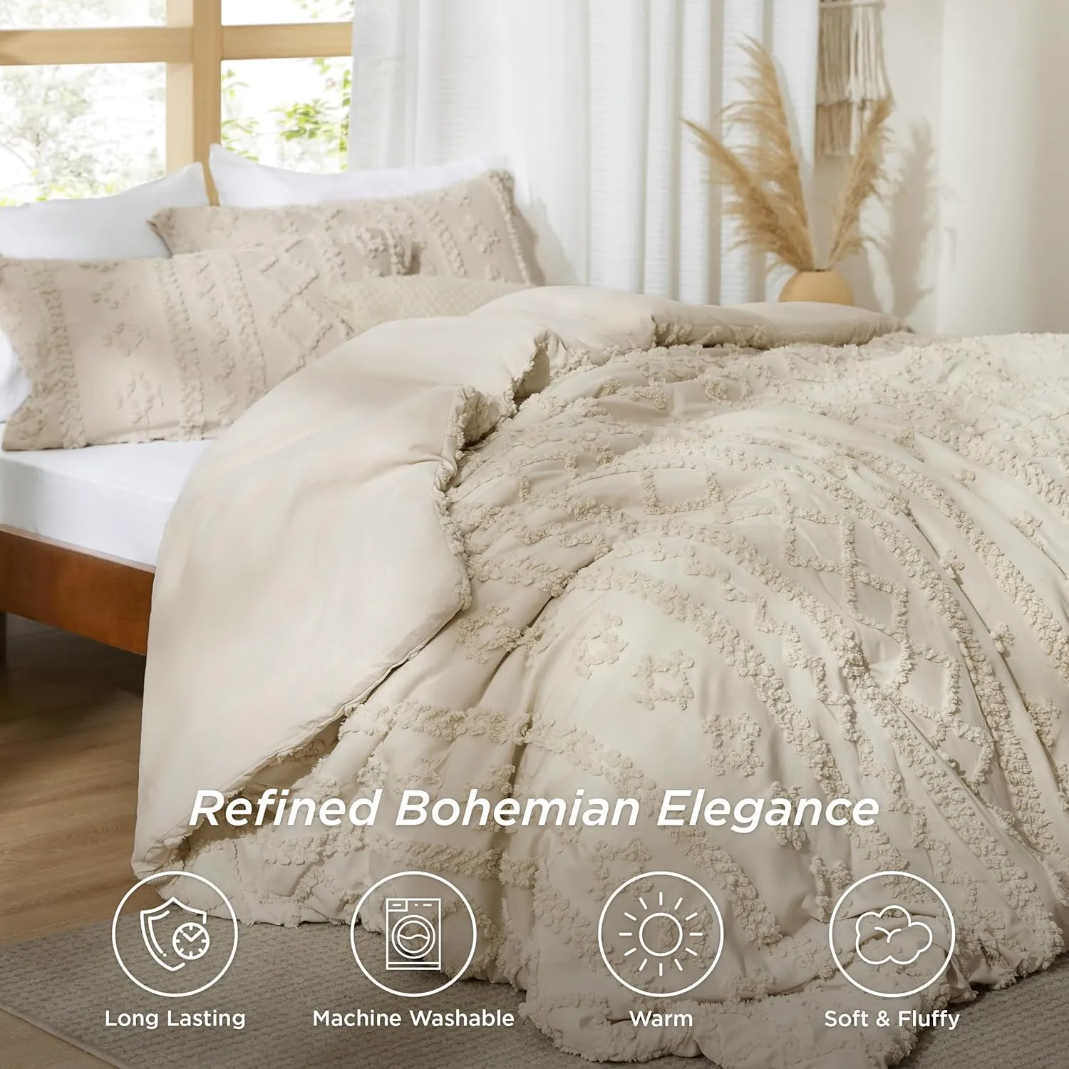 Bedsure Tufted Boho Comforter Set Oversized Queen - Beige Boho Bed Set, GentleSoft™ 3 Pieces Farmhouse Shabby Chic Embroidery Bedding, Gifts for Woman, Soft Jacquard Comforter for All Seasons