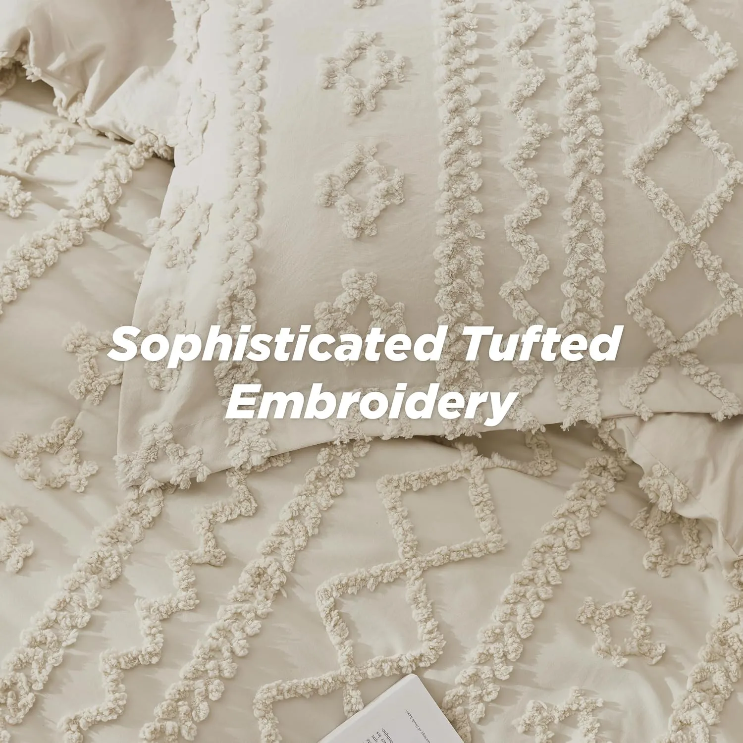 Bedsure Tufted Boho Comforter Set Oversized Queen - Beige Boho Bed Set, GentleSoft™ 3 Pieces Farmhouse Shabby Chic Embroidery Bedding, Gifts for Woman, Soft Jacquard Comforter for All Seasons