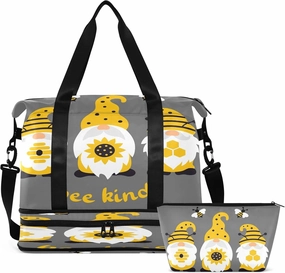 Bee Gnomes Sunflower Travel Duffel Bag Honey Cute Yellow Weekender Bags for Women Men With Shoes Compartments Large Overnight Carry on Weekend Tote With Toiletry Bag for Travel Sport Yoga 17 Inch