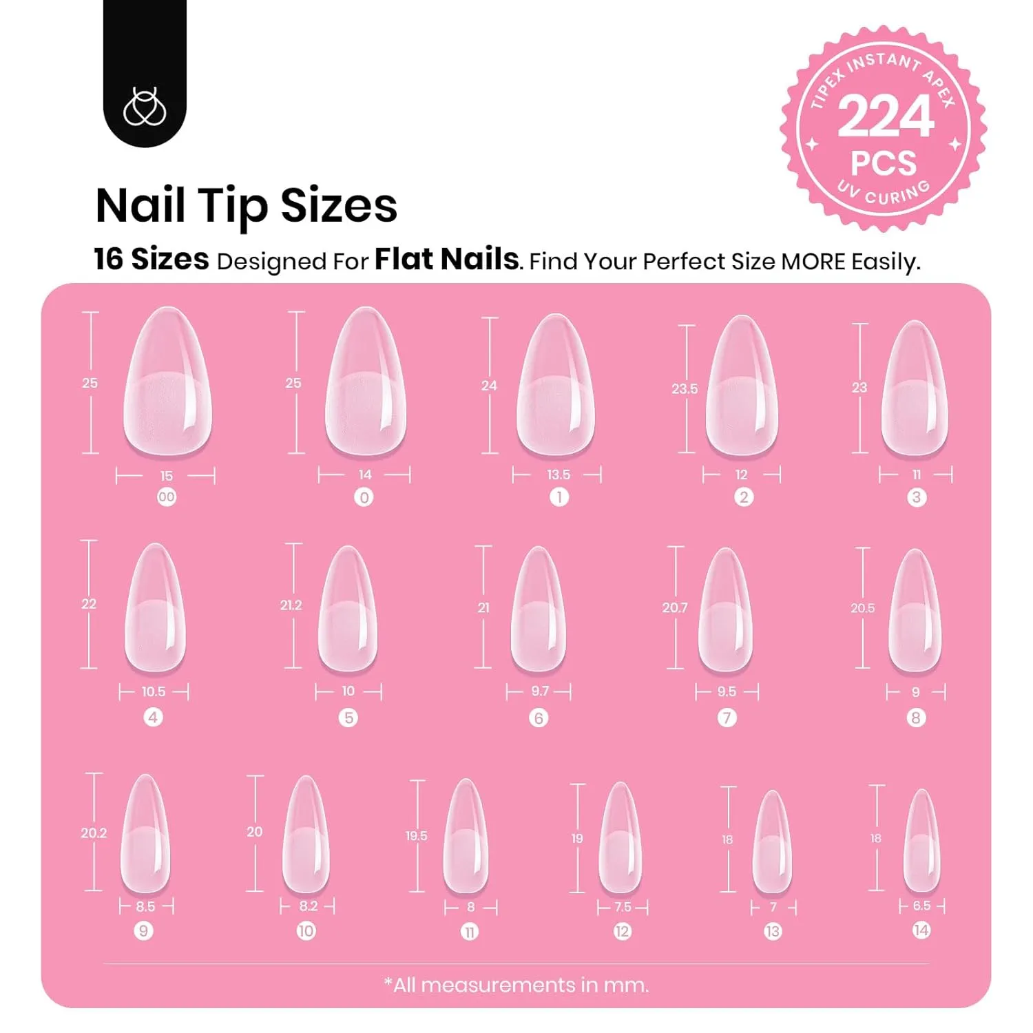 Beetles Tipex Gel Nail Kit, Medium Almond Nail Tips 224 Pcs 16 Sizes Pre-Building Pre-Etched False Nail Tips with Tipex Nail Glue, Mini Nail Lamp Thick Acrylic Nail Set for Women