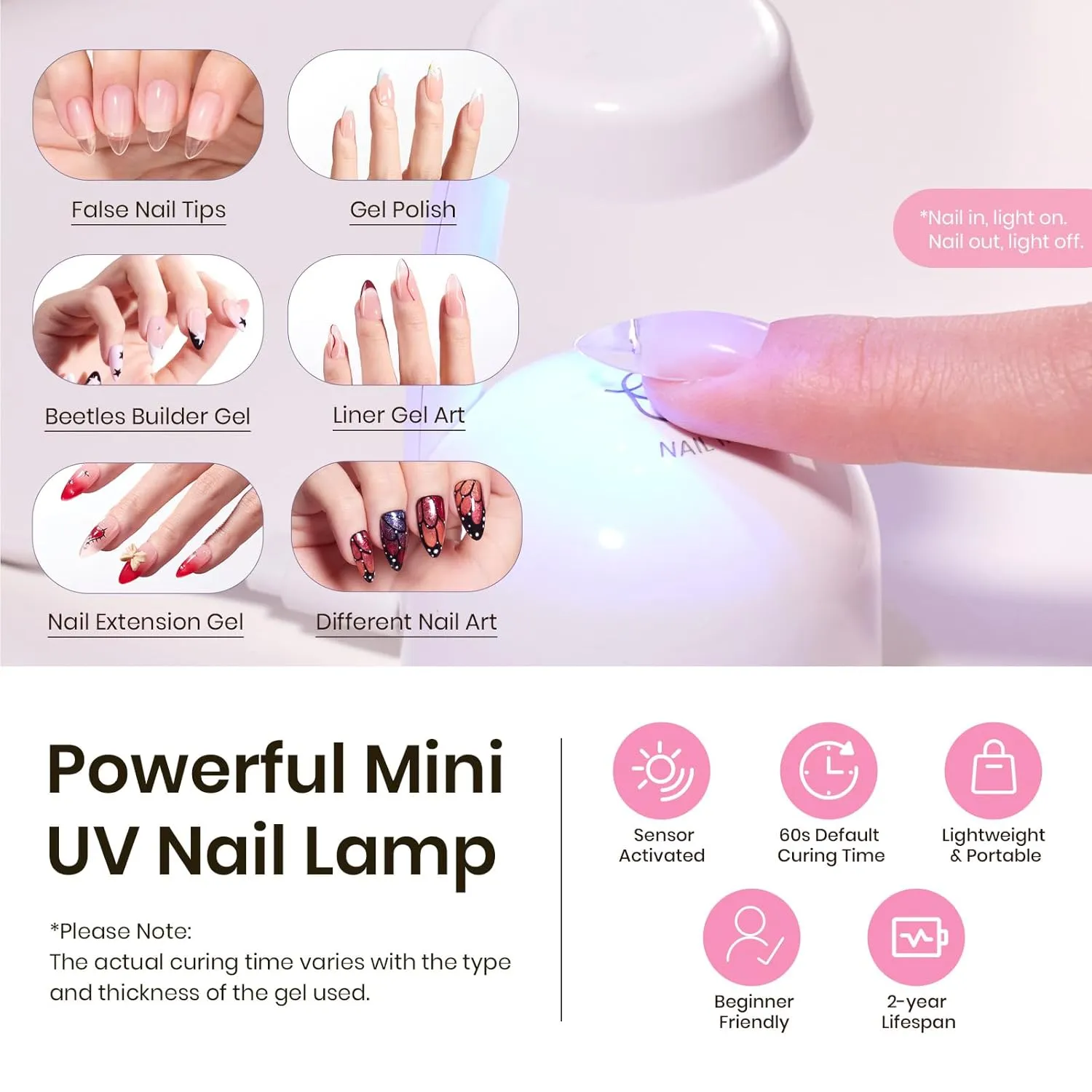 Beetles Tipex Gel Nail Kit, Medium Almond Nail Tips 224 Pcs 16 Sizes Pre-Building Pre-Etched False Nail Tips with Tipex Nail Glue, Mini Nail Lamp Thick Acrylic Nail Set for Women