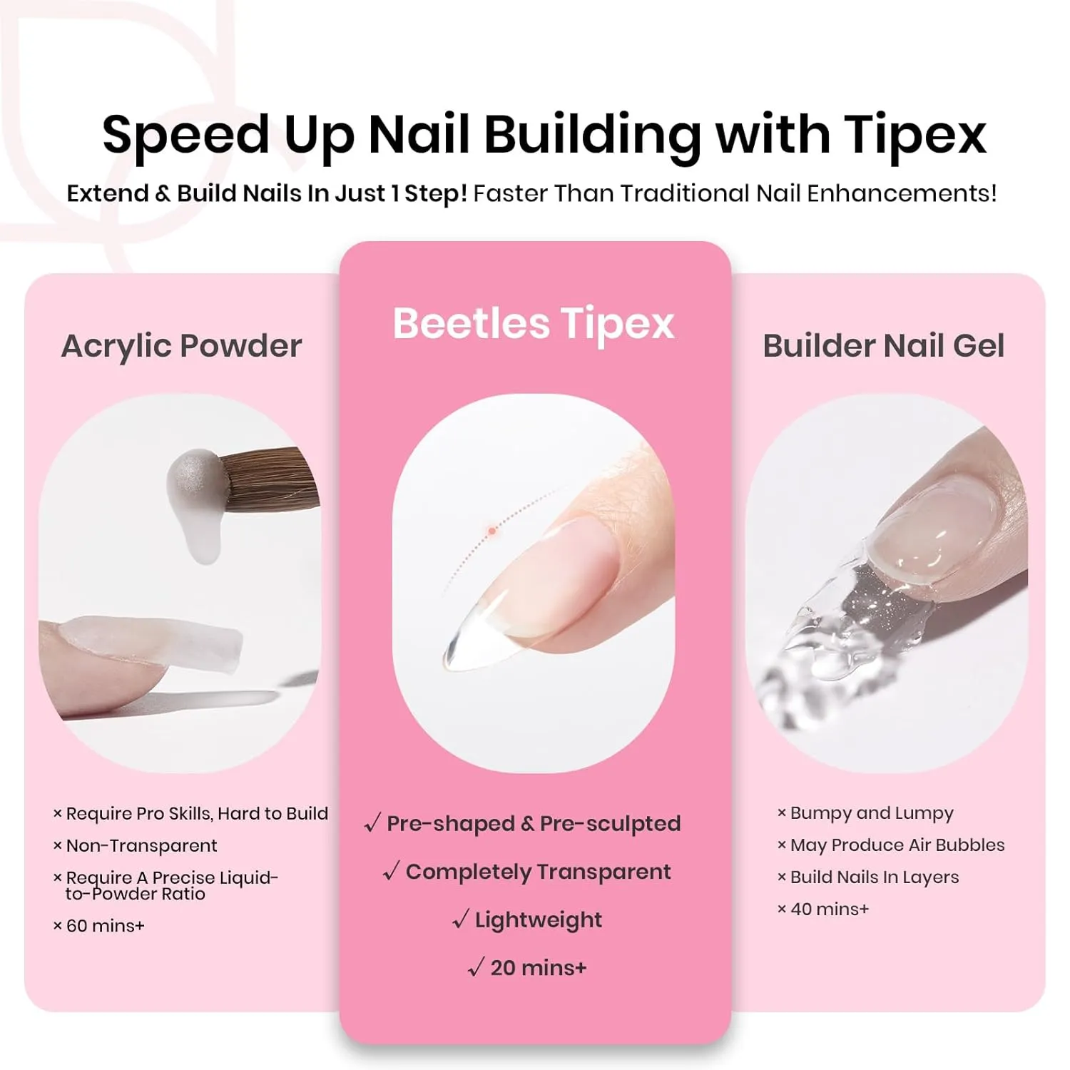 Beetles Tipex Gel Nail Kit, Medium Almond Nail Tips 224 Pcs 16 Sizes Pre-Building Pre-Etched False Nail Tips with Tipex Nail Glue, Mini Nail Lamp Thick Acrylic Nail Set for Women