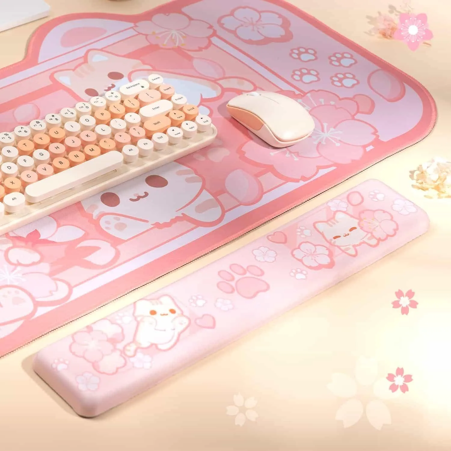 BelugaDesign Sakura Cat Desk Pad | NS Switch Keyboard Laptop Gaming Setup Accessories Mat Large Mat Mousepad | Pastel Pink Bunny Kawaii Cute Anime Desk Mat Blotter Protector with Gel Wrist Support