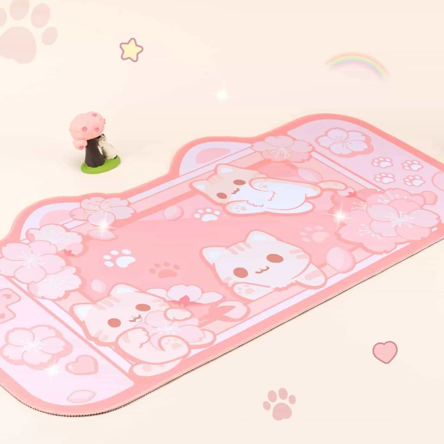 BelugaDesign Sakura Cat Desk Pad | NS Switch Keyboard Laptop Gaming Setup Accessories Mat Large Mat Mousepad | Pastel Pink Bunny Kawaii Cute Anime Desk Mat Blotter Protector with Gel Wrist Support