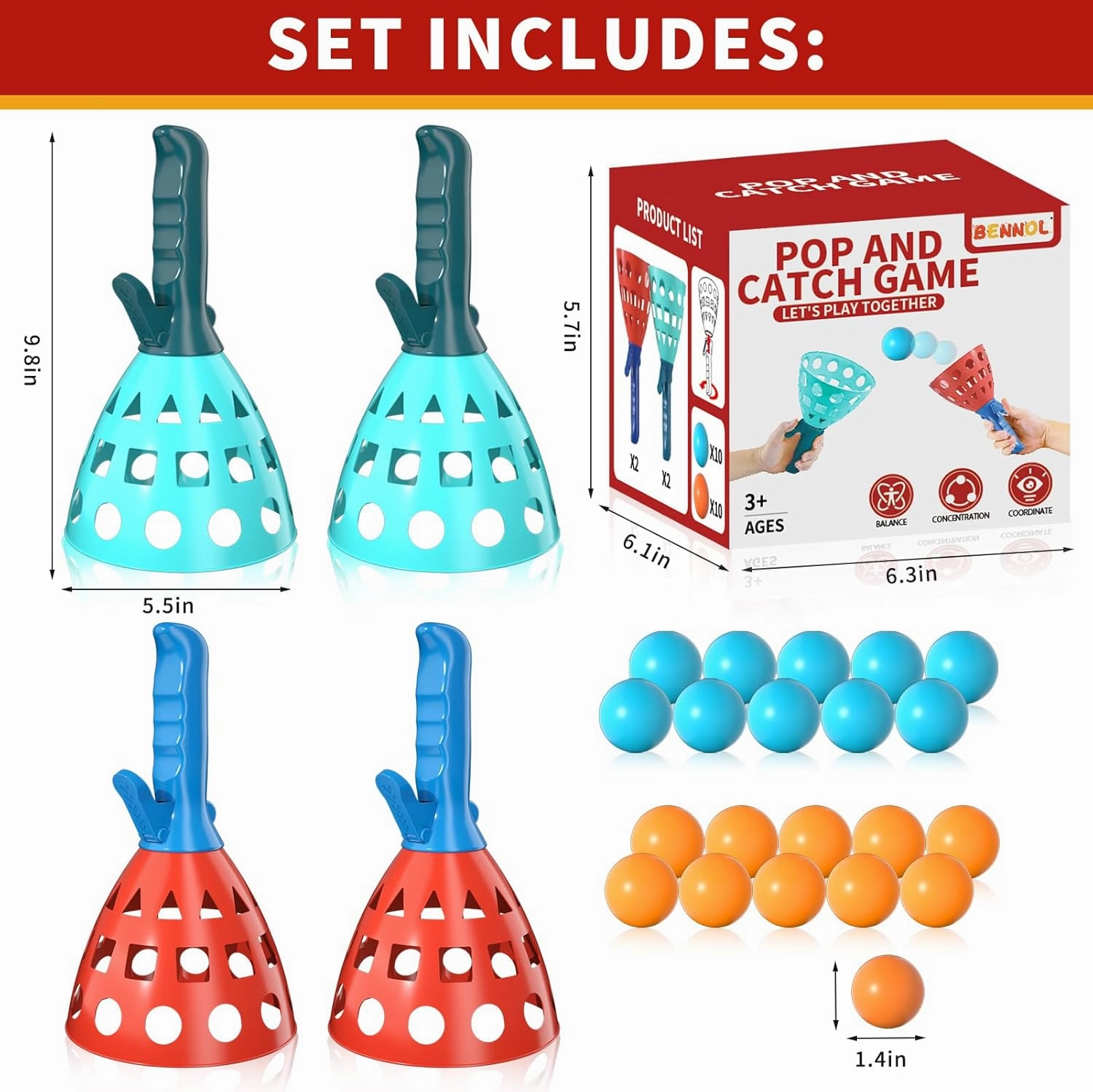 Bennol Outdoor Game Toys for Kids Boys with 20 Balls, Pop Pass Catch Ball Game Outside Toys Gifts for 3 4 5 6 7 8  Year Old Teens, Outside Outdoor Play Gifts for Kids Boys Ages 3-5 4-8