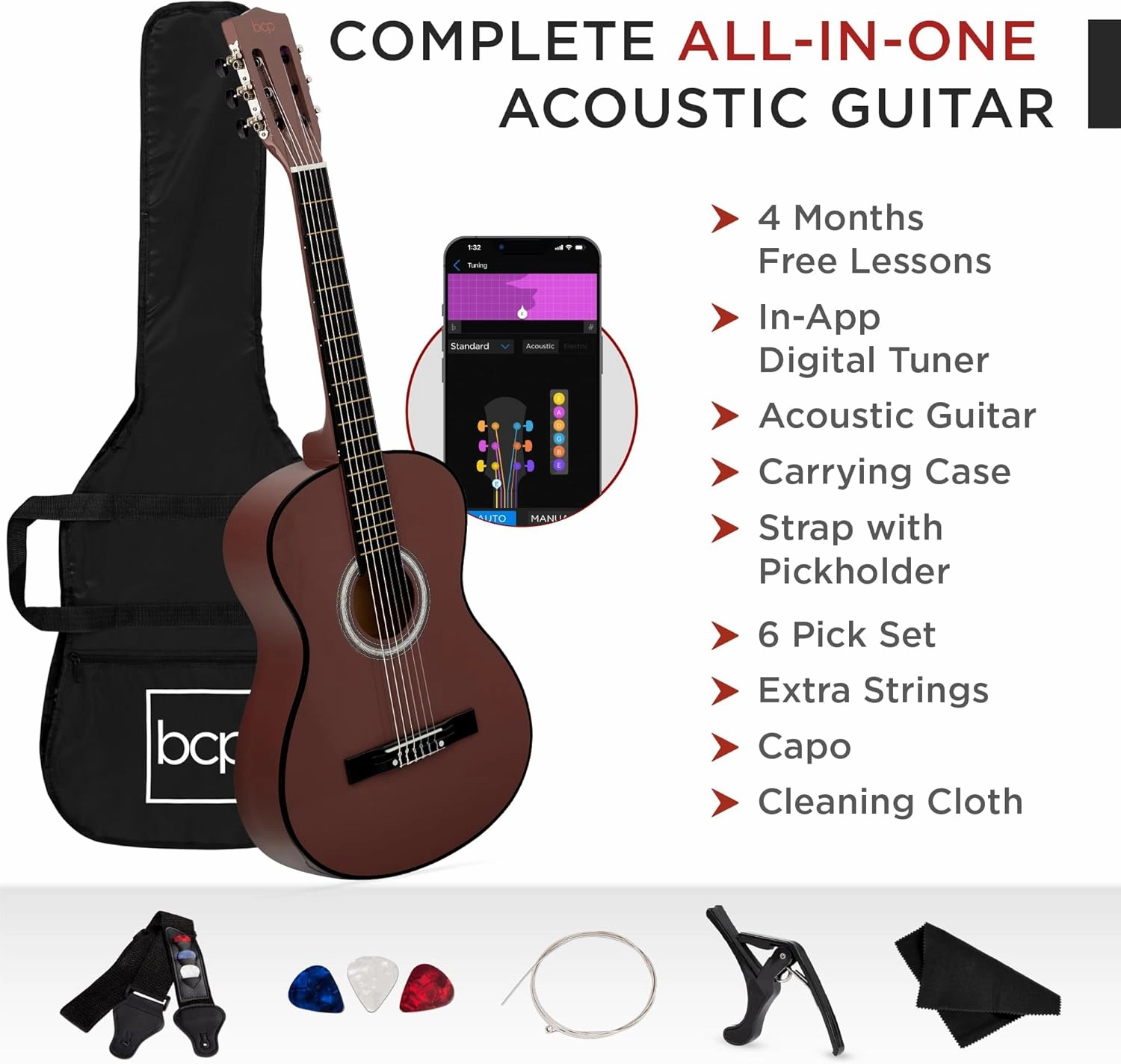 Best Choice Products 38in Beginner All Wood Acoustic Guitar Starter Kit w/Gig Bag, 6 Picks, Nylon Strings, Strap w/Pick Holder - Dark Brown