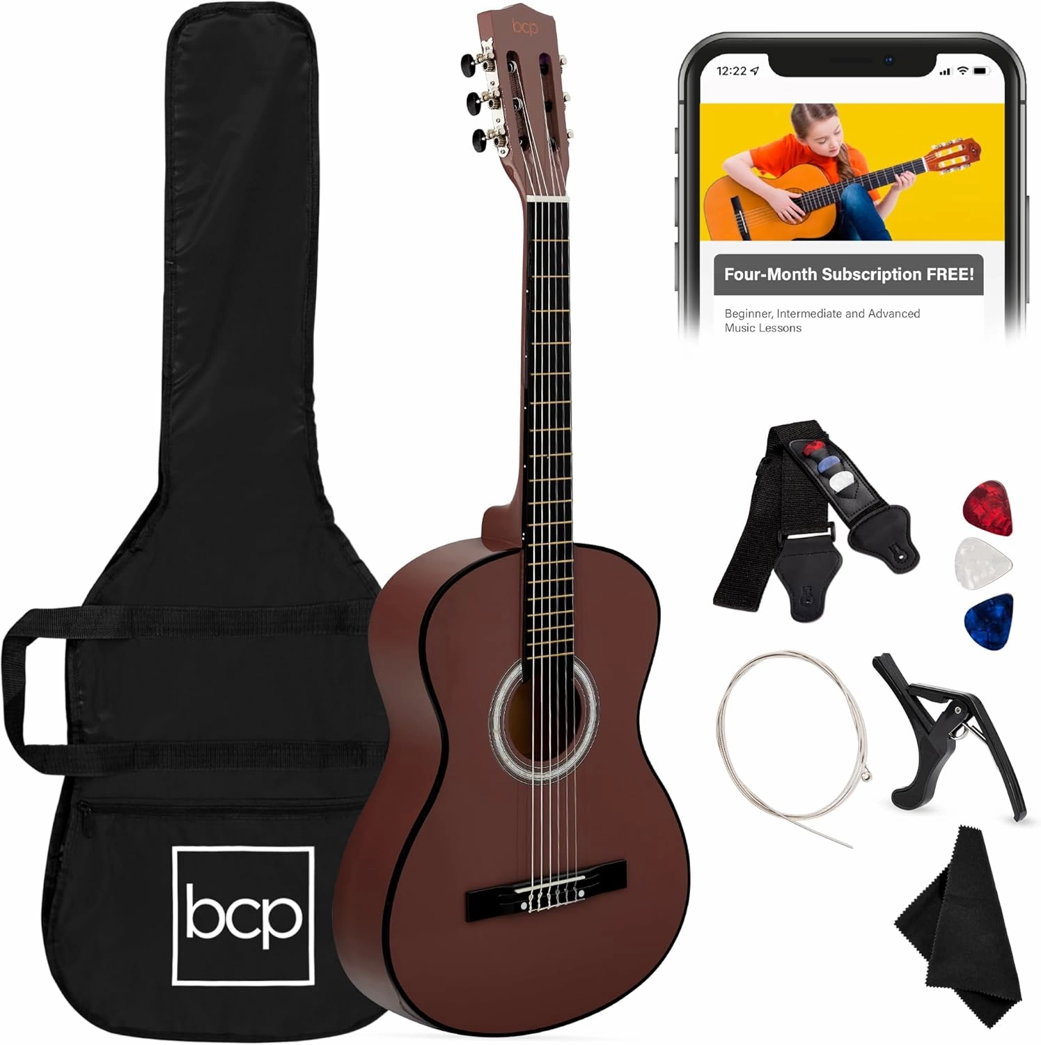 Best Choice Products 38in Beginner All Wood Acoustic Guitar Starter Kit w/Gig Bag, 6 Picks, Nylon Strings, Strap w/Pick Holder - Dark Brown