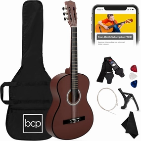 Best Choice Products 38in Beginner All Wood Acoustic Guitar Starter Kit w/Gig Bag, 6 Picks, Nylon Strings, Strap w/Pick Holder - Dark Brown