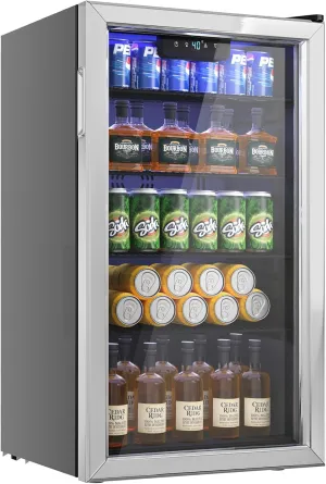 Beverage Refrigerator Cooler - 126 Can Mini Fridge with Glass Door for Soda Beer or Wine, Beverage Cooler for Home, Office, Bar with Adjustable Removable Shelves, Silver