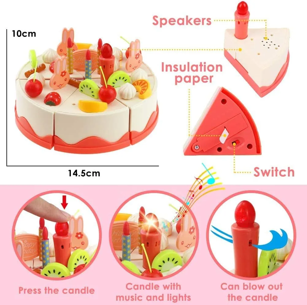 Birthday Cake, 82 Pieces, Simulation Kitchen Set to Cut and Make it Yourself, Dessert Food Set with Tea Set and Candle with Pink Bow, Gift for Girls Over 3 Years Old