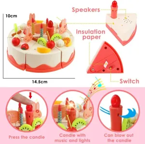 Birthday Cake, 82 Pieces, Simulation Kitchen Set to Cut and Make it Yourself, Dessert Food Set with Tea Set and Candle with Pink Bow, Gift for Girls Over 3 Years Old