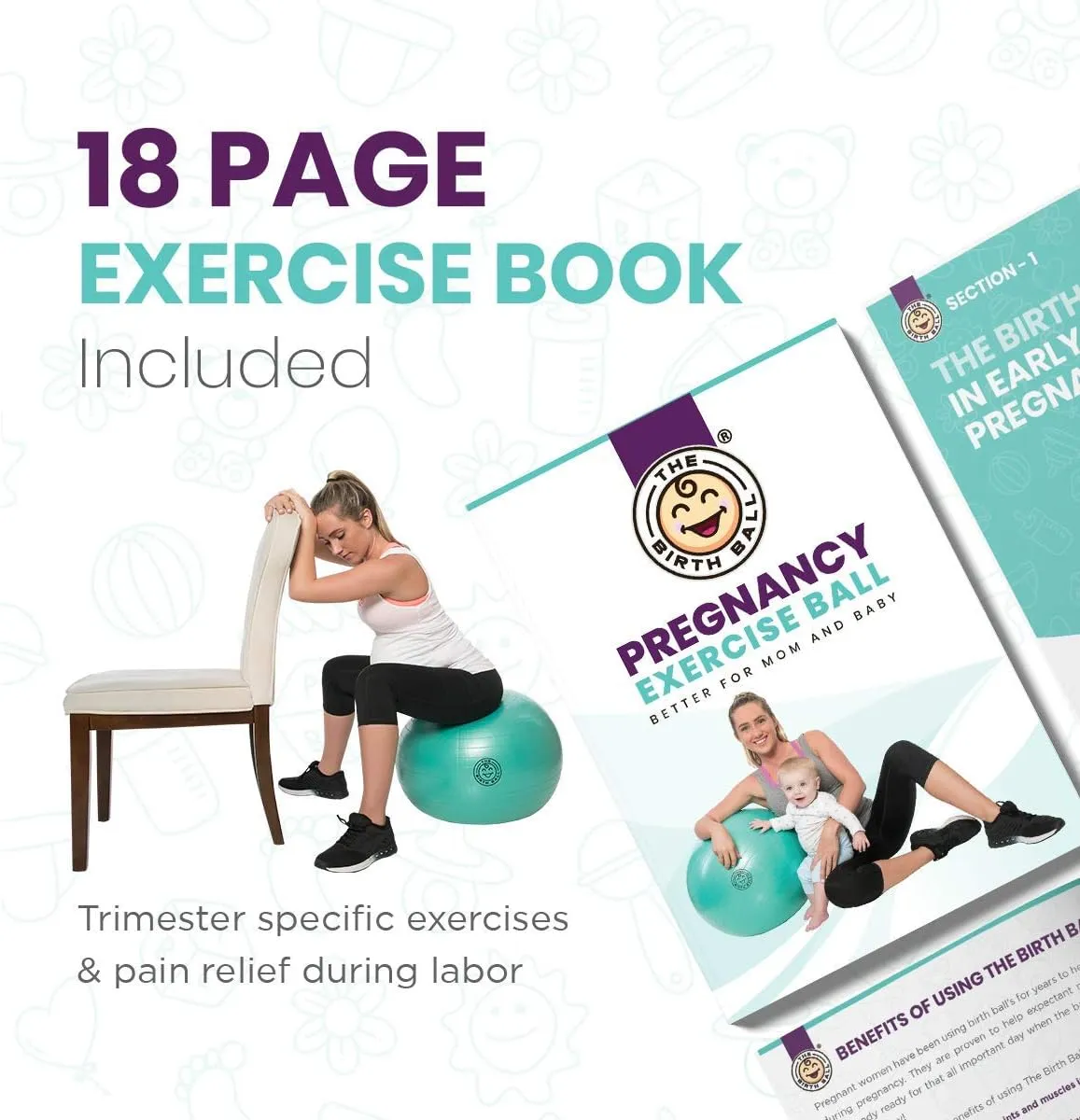 Birthing Ball for Pregnancy & Labor - 18 Page Pregnancy Ball Exercises Guide by Trimester - Non Slip Socks - How to Dilate, Induce, & Reposition Baby for Mom