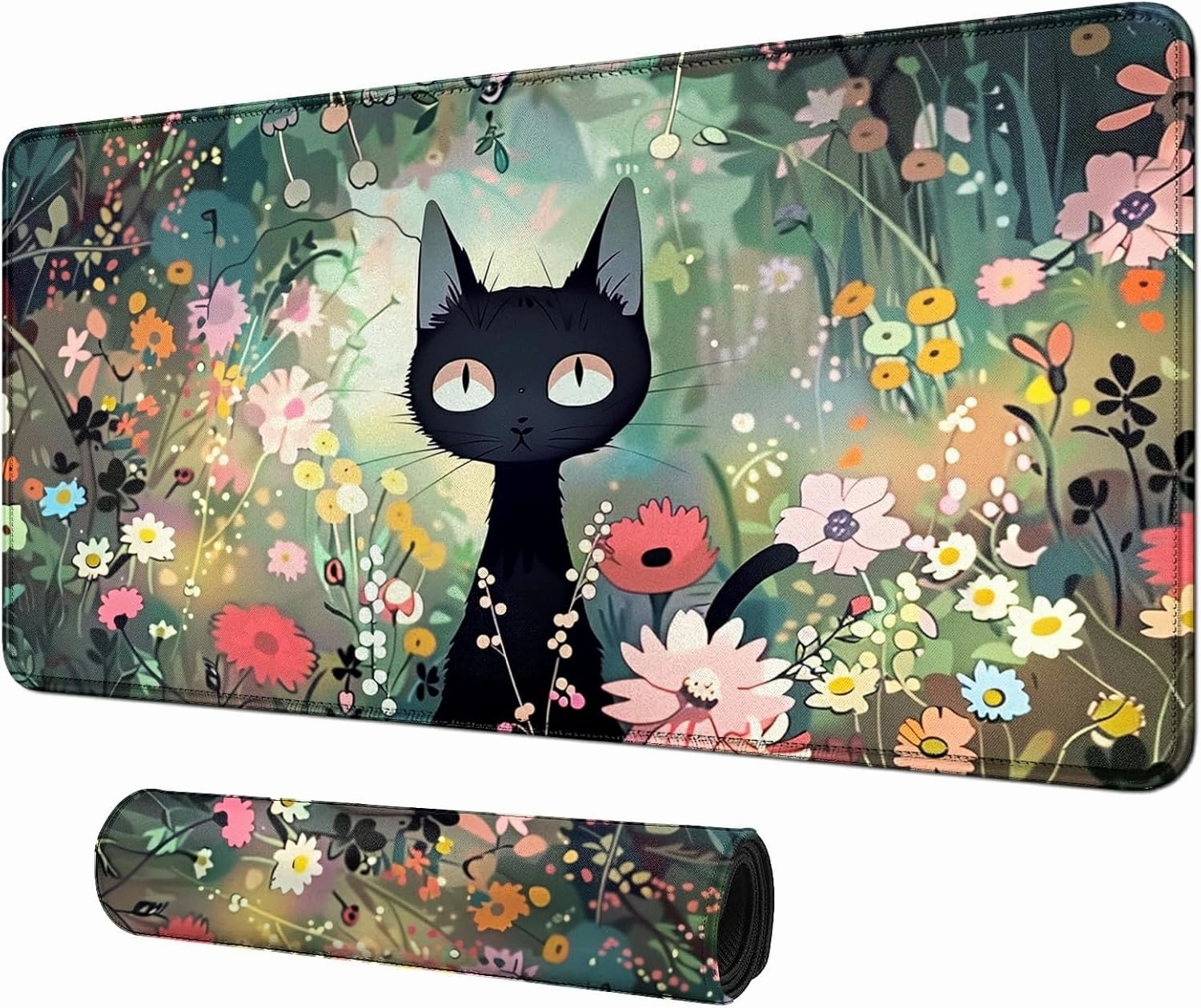 Black Cat Among Flowers for MTG & TCG Playmat, 24" x 14" Mouse Pad for MTG/RPG/CCG Trading Card Games