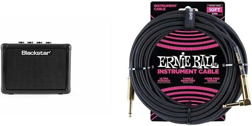 Blackstar Electric Guitar Mini Amplifier, Black (FLY3) & Ernie Ball Braided Instrument Cable, Straight/Angle, 10ft, Black (P06081)