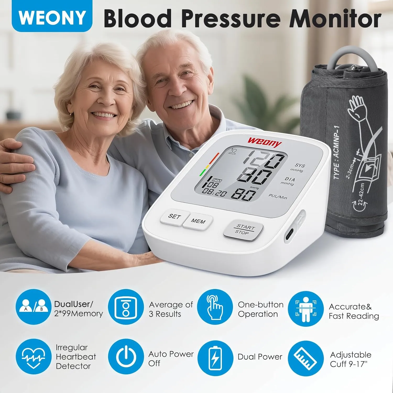 Blood Pressure Monitor for Home Use, Adjustable Upper Arm Blood Pressure Cuffs 9-17in, 198 Sets Memory Automatic Arm Blood Pressure Monitor, Digital Blood Pressure Machine Include USB Cable