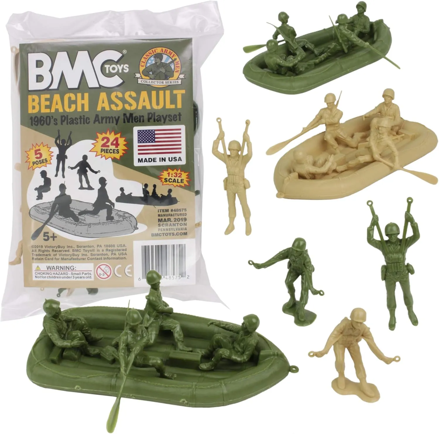BMC Marx Plastic Army Men Beach Assault - Green vs Tan 24pc WW2 US Soldiers - Made in USA