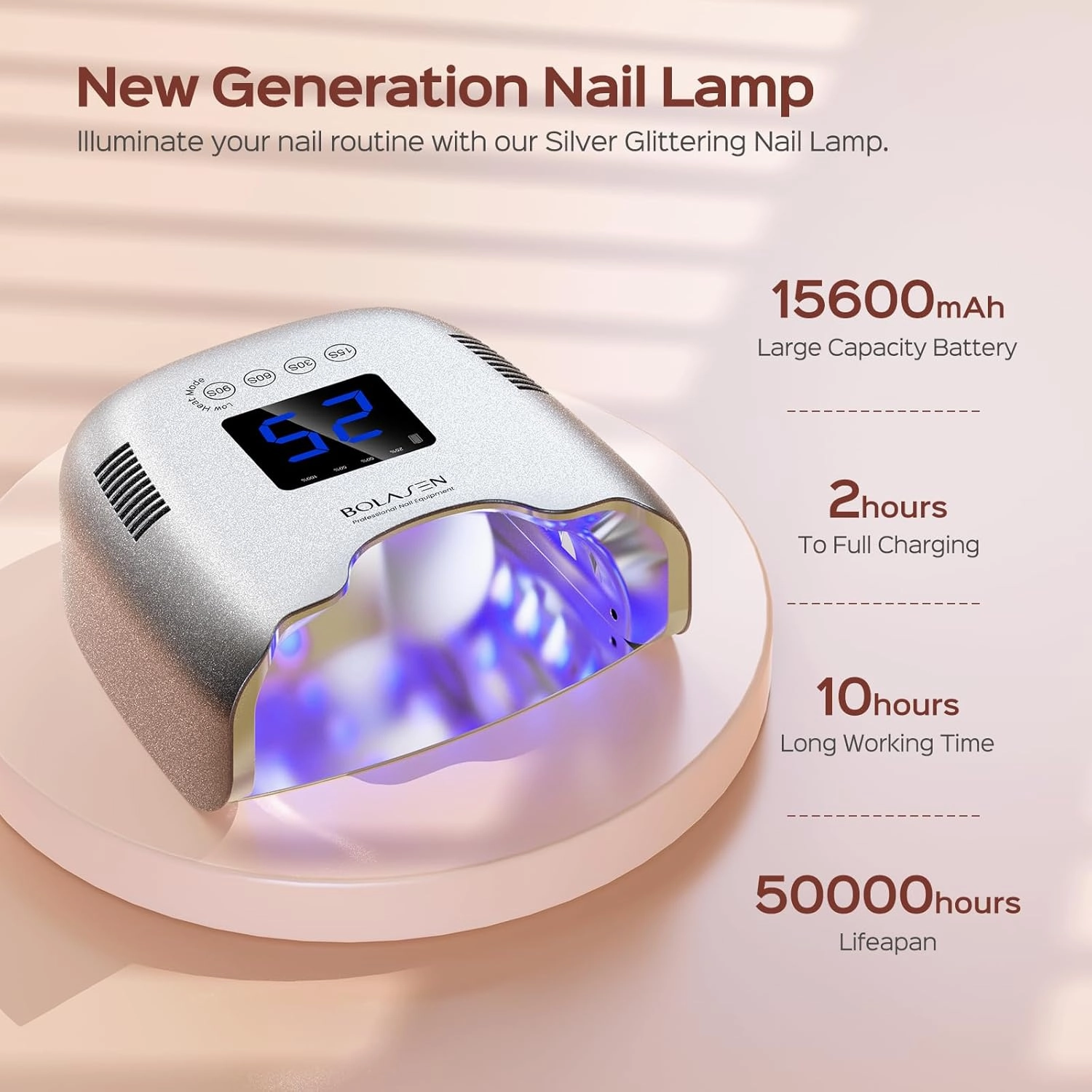 BOLASEN Cordless Rechargeable UV Nail Lamp - UV Light for Gel Nails with Metallic Reflector & Metal Base, 54W Portable Wireless LED Nail Dryer, Professional Fast Charger Curing Lamp for Salon, Sliver