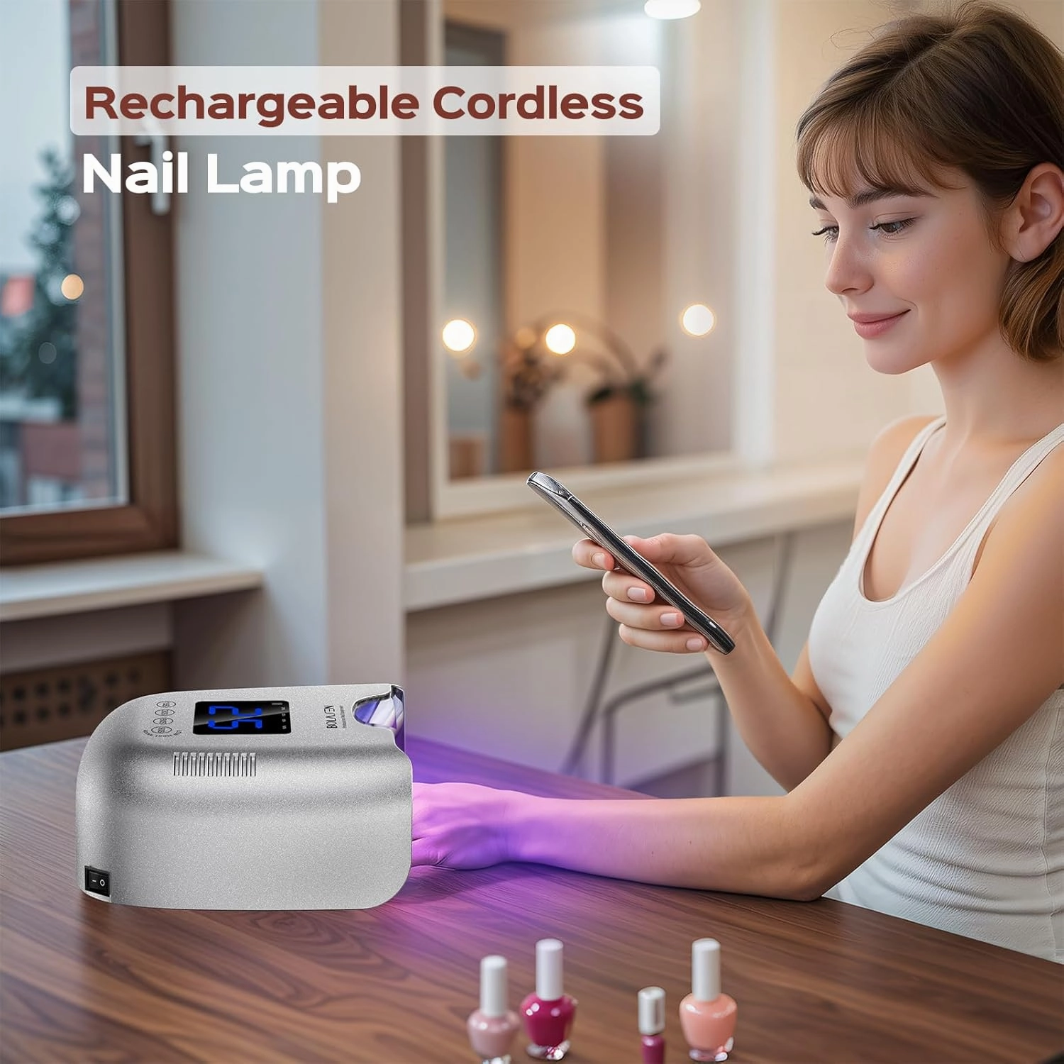 BOLASEN Cordless Rechargeable UV Nail Lamp - UV Light for Gel Nails with Metallic Reflector & Metal Base, 54W Portable Wireless LED Nail Dryer, Professional Fast Charger Curing Lamp for Salon, Sliver