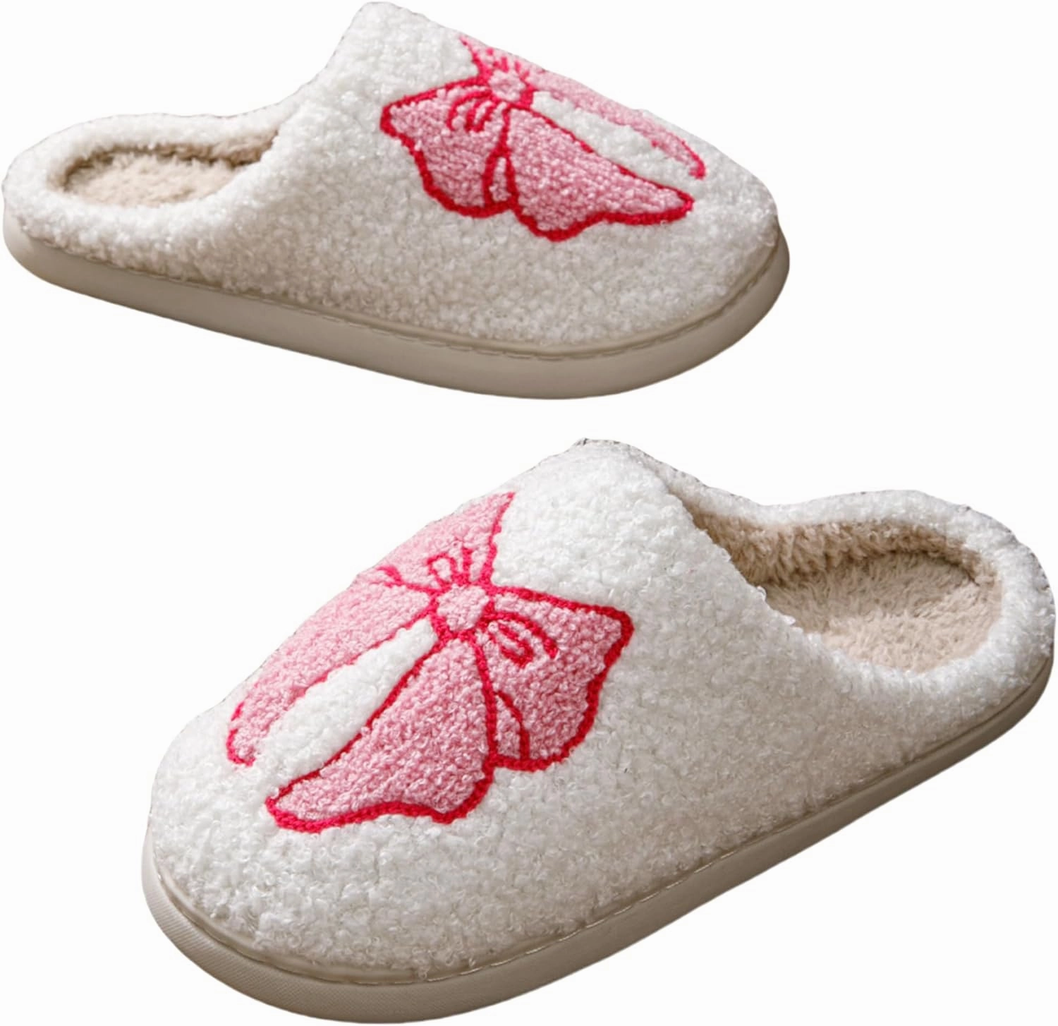 Bow Slippers for Women & Men - Floral Memory Foam Plush Slippers, Cute Cartoon Design, Warm Fluffy Fur Lined, Indoor Outdoor House Home Bedroom Shoes
