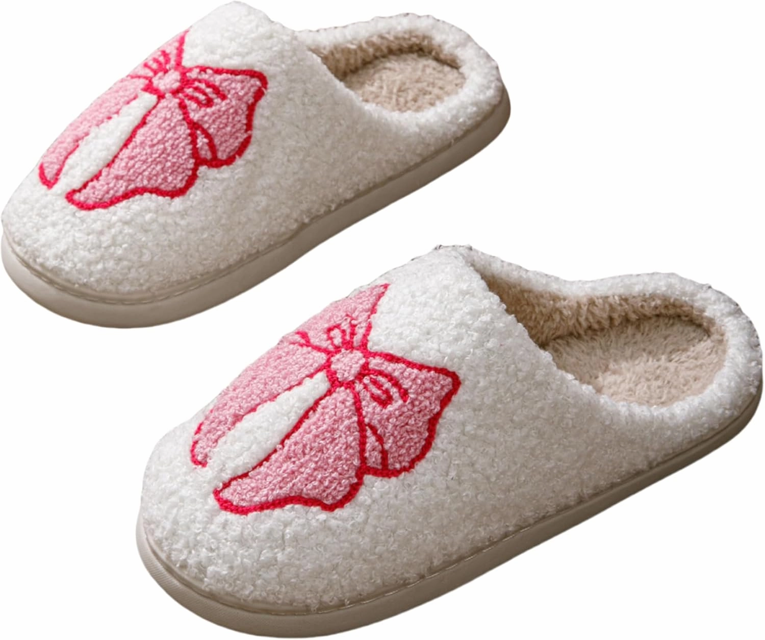 Bow Slippers for Women & Men - Floral Memory Foam Plush Slippers, Cute Cartoon Design, Warm Fluffy Fur Lined, Indoor Outdoor House Home Bedroom Shoes