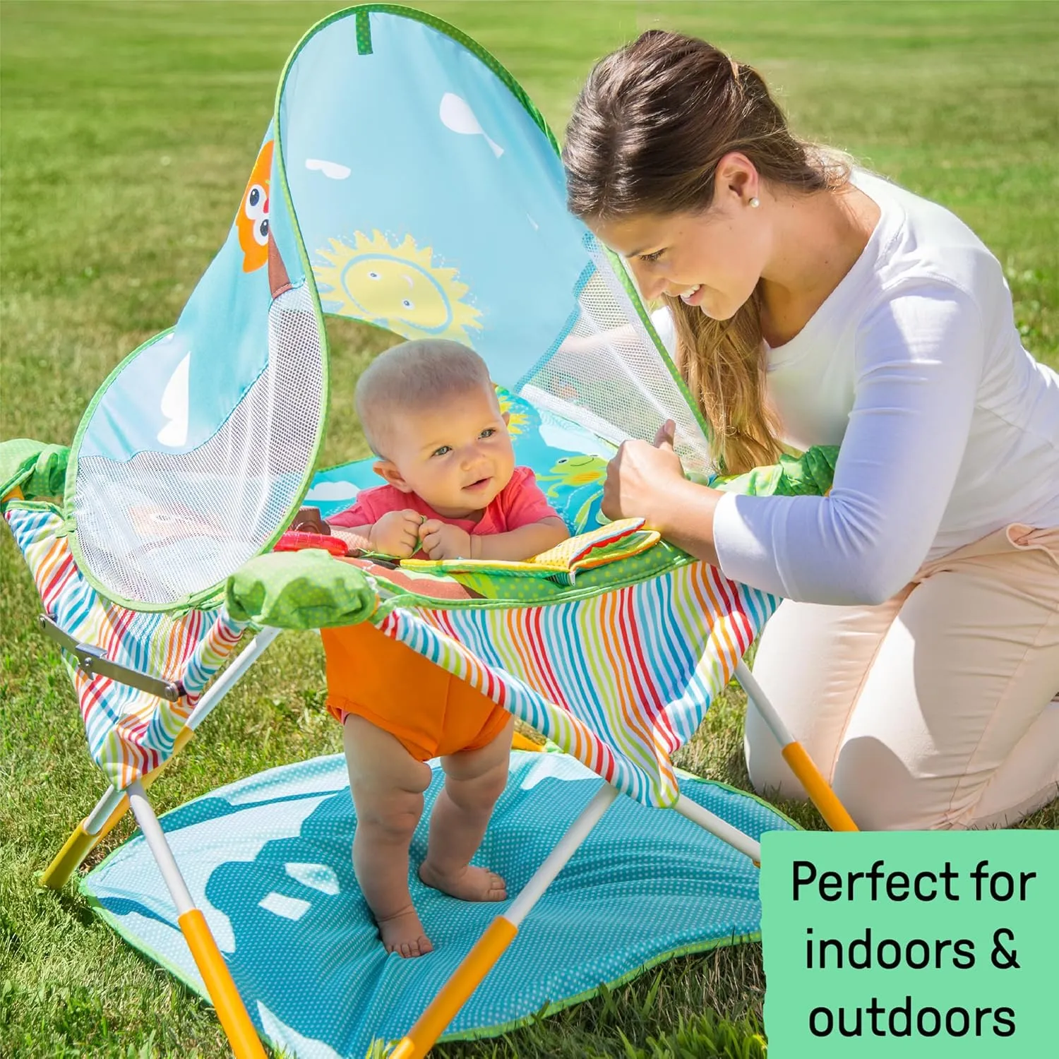 Bright Starts, Pop 'N Jump SE Portable Baby Activity Center, Indoor Outdoor Use, Lightweight, Carrying Bag, Canopy, 6-12 Months (Sweets)