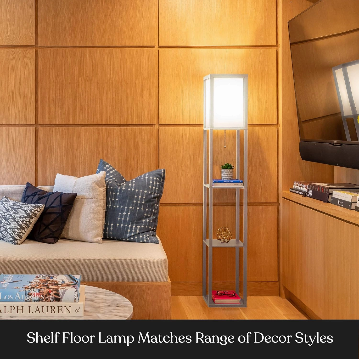 Brightech Maxwell - Modern Shelf Floor Lamp with Lamp Shade and LED Bulb - Coner Display Floor Lamps with Shelves for Living Room, Bedroom and Office - Rustic Wood