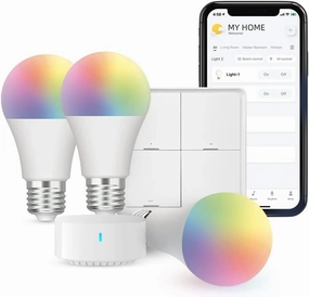 BroadLink Smart Home Starter Kit - Includes 3 Bulbs, 1 Scene Switch and 1 Hub, Uses FastCon and Bluetooth Low Energy Tech, Compatible with Alexa and Google Home