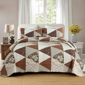 Brown King Size Bedspread, Floral Triangle Patchwork King Size Quilt Bedding Set, Soft Lightweight Microfiber Coverlet Set (1 Quilt, 2 Pillow Shams)