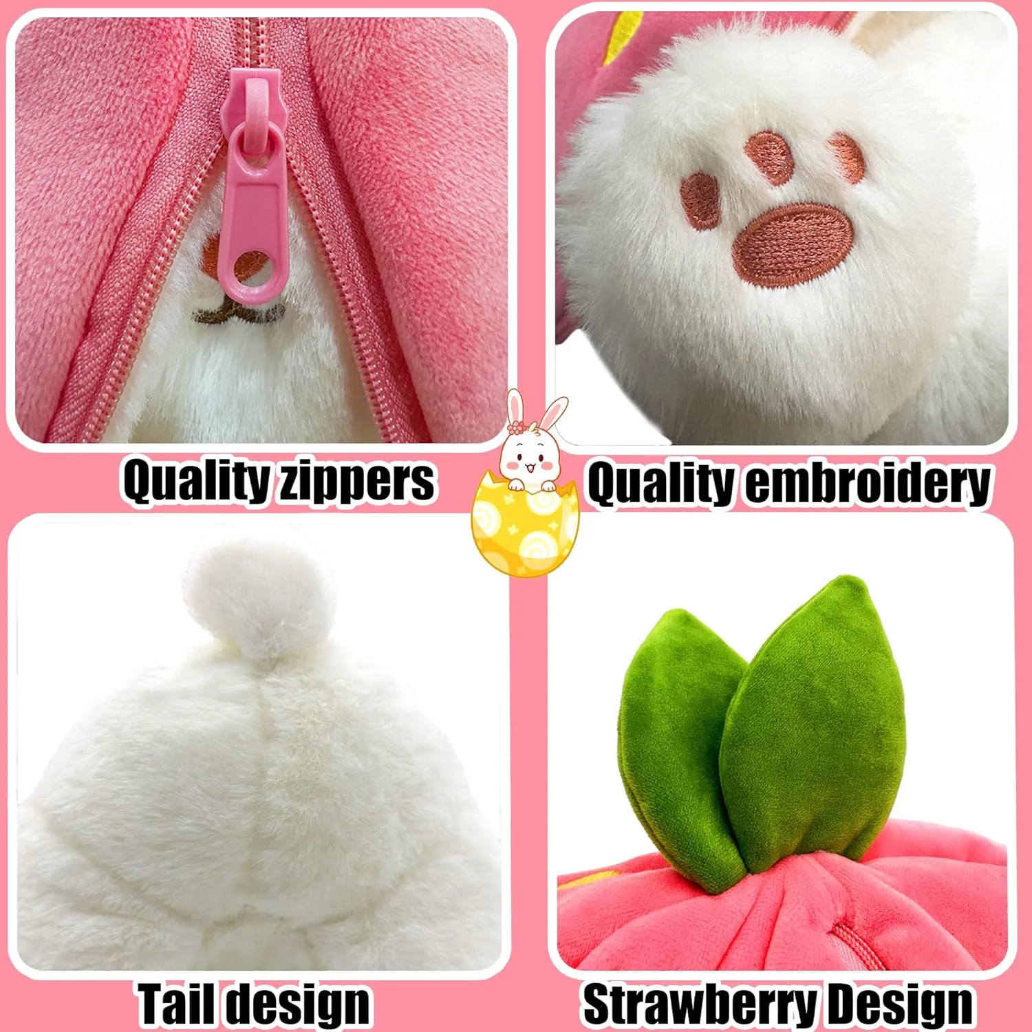 Bunny Stuffed Animal, Strawberry Reversible Cuddle Bunny Plush Doll with Zipper, Cute Soft Rabbit Toys Pillow for Kids and Adults, Easter Bunnies Plushies Gifts (13.80 inches)