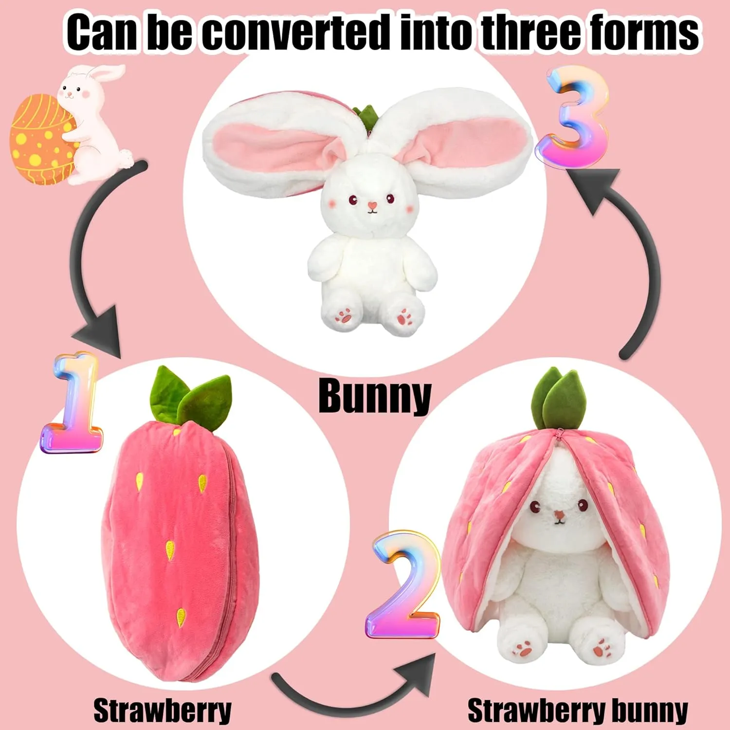 Bunny Stuffed Animal, Strawberry Reversible Cuddle Bunny Plush Doll with Zipper, Cute Soft Rabbit Toys Pillow for Kids and Adults, Easter Bunnies Plushies Gifts (13.80 inches)