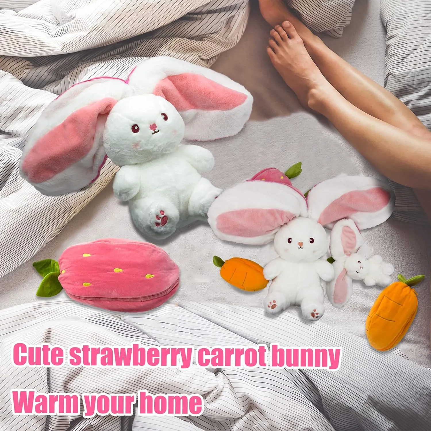 Bunny Stuffed Animal, Strawberry Reversible Cuddle Bunny Plush Doll with Zipper, Cute Soft Rabbit Toys Pillow for Kids and Adults, Easter Bunnies Plushies Gifts (13.80 inches)