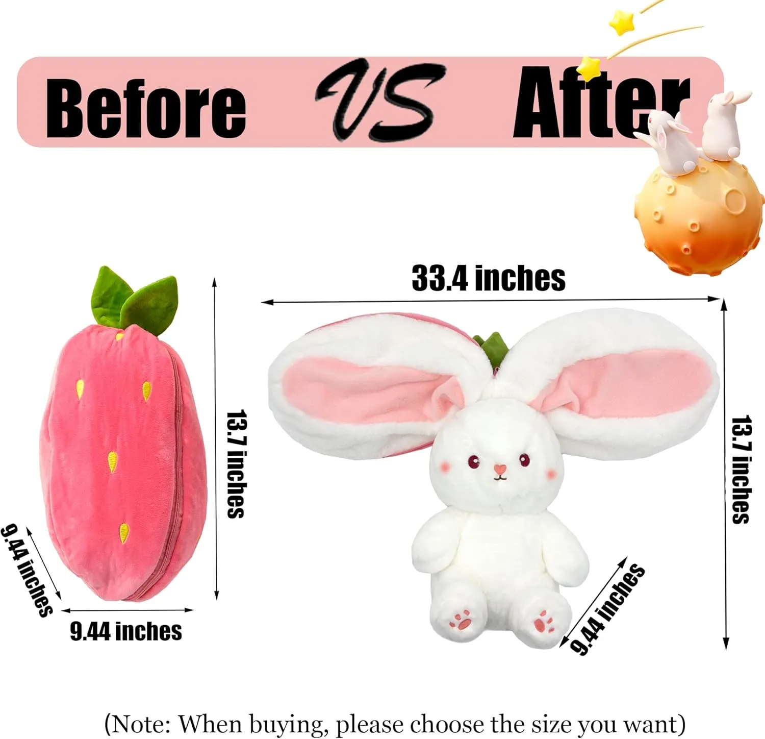 Bunny Stuffed Animal, Strawberry Reversible Cuddle Bunny Plush Doll with Zipper, Cute Soft Rabbit Toys Pillow for Kids and Adults, Easter Bunnies Plushies Gifts (13.80 inches)