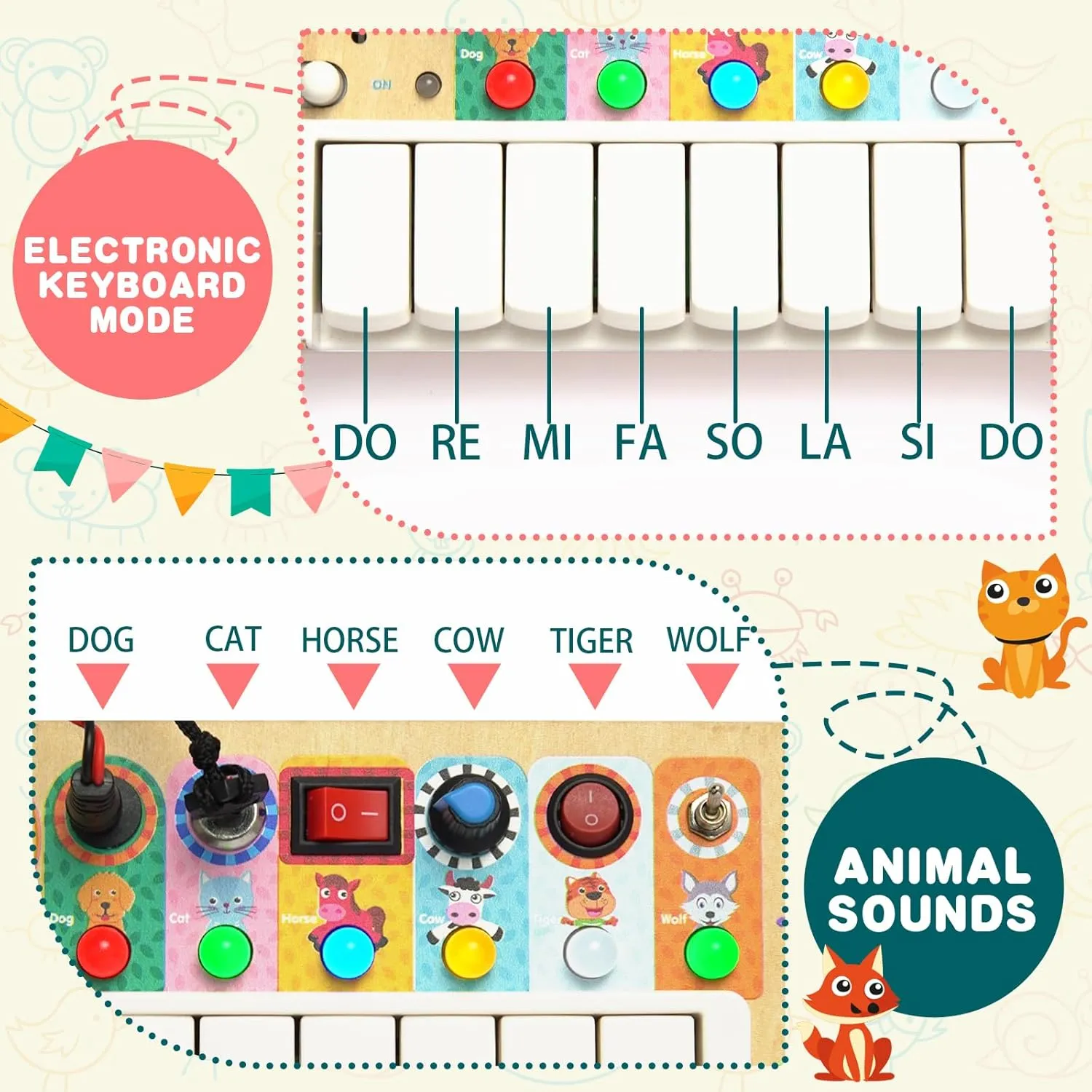 Busy Board Toys for Toddlers, Wooden Montessori Toys with Keys 6 Led Light Switch for Toddlers, Sensory Board Toys Educational Activity, Travel Toys & Gifts for Kids Boys and Girls 3  Year Old