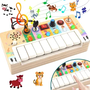 Busy Board Toys for Toddlers, Wooden Montessori Toys with Keys 6 Led Light Switch for Toddlers, Sensory Board Toys Educational Activity, Travel Toys & Gifts for Kids Boys and Girls 3  Year Old