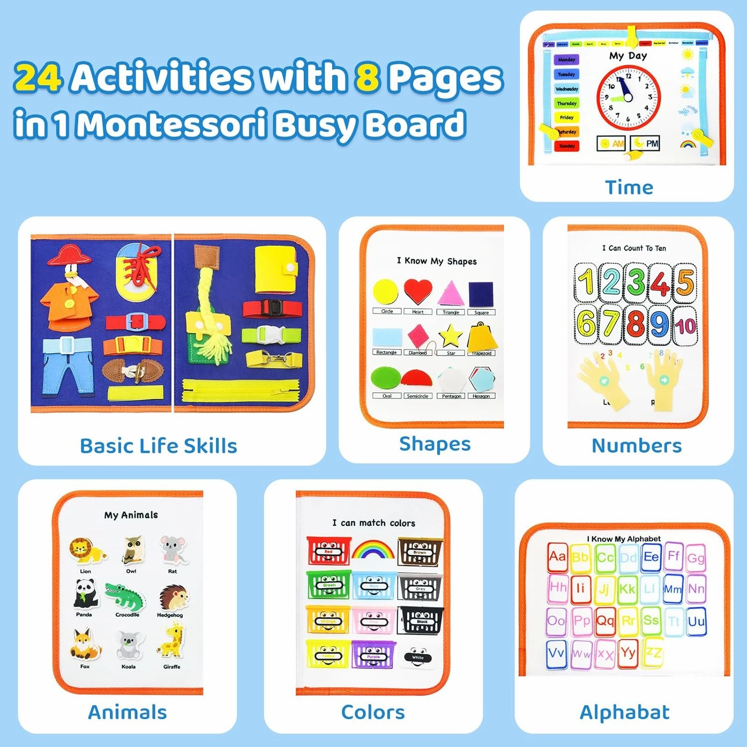 Busy Board Montessori Toys for Toddler,Busy Book - Sensory Preschool Learning Activities Educational Toys with Fine Motor Skills,Gift for Boys Girls,Travel Essentials for Plane Car (Blue)