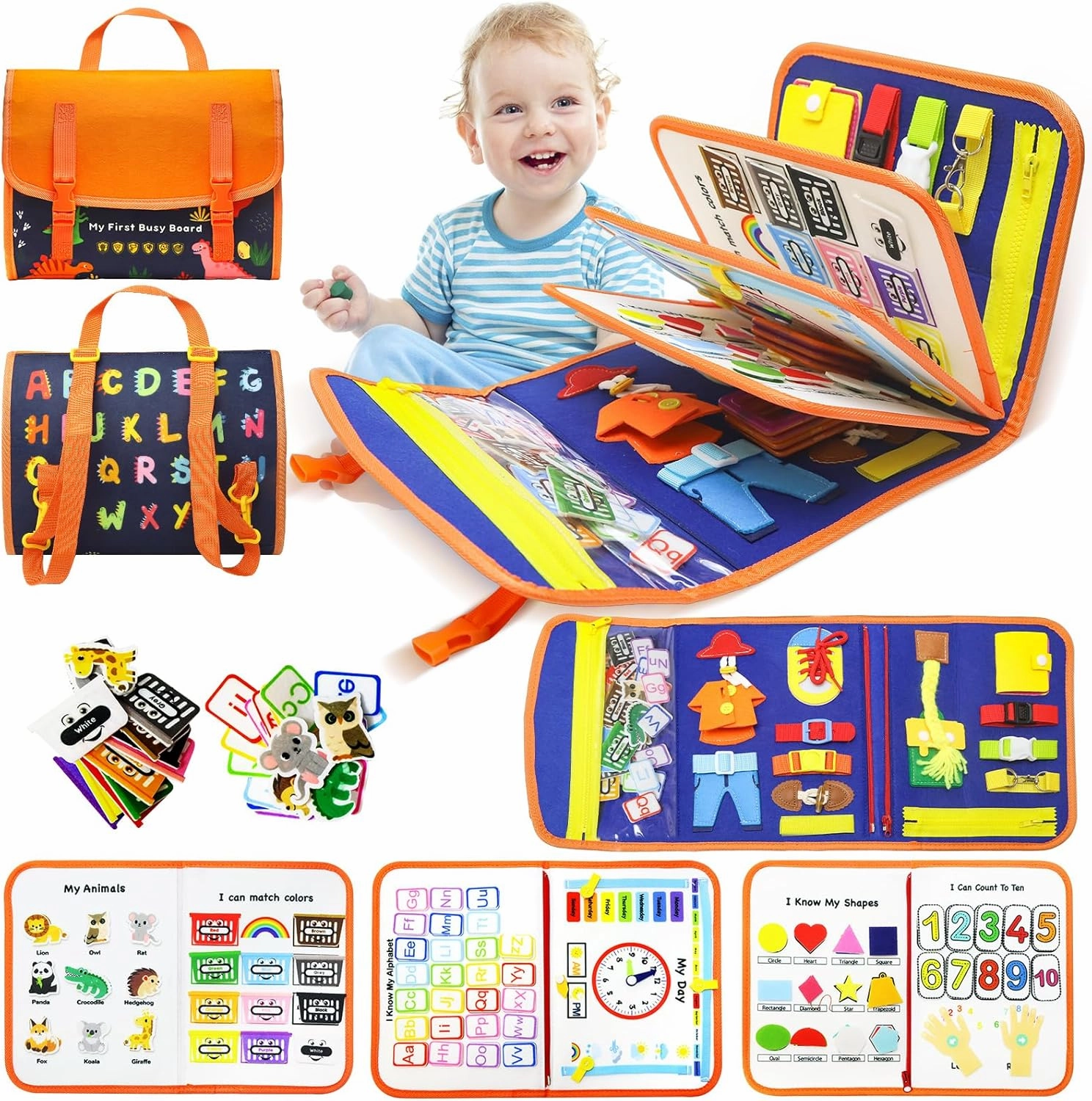 Busy Board Montessori Toys for Toddler,Busy Book - Sensory Preschool Learning Activities Educational Toys with Fine Motor Skills,Gift for Boys Girls,Travel Essentials for Plane Car (Blue)