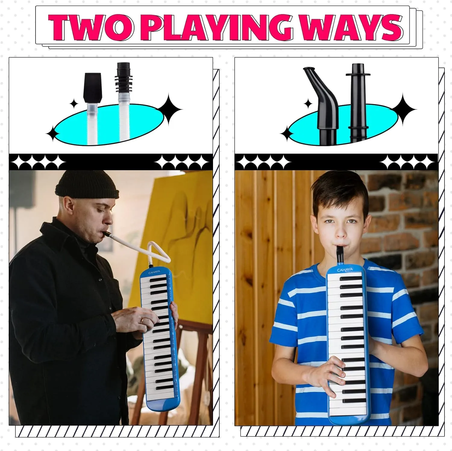CAHAYA Melodica 37 Keys with Carrying Bag and 2 with Mouthpieces Air Piano Keyboard Musical Instrument for Kids and Adults, Blue, Model CY0049-2