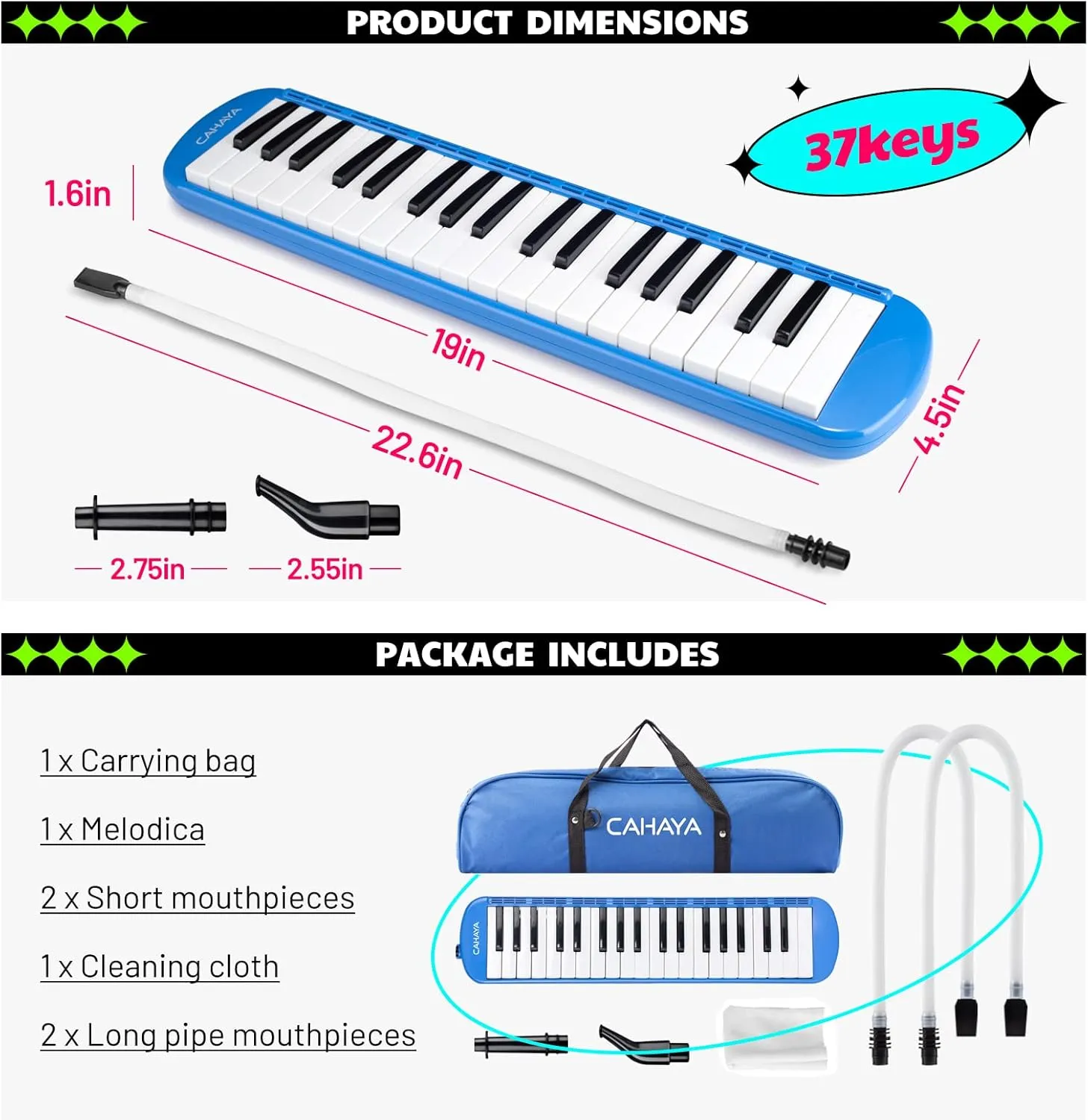CAHAYA Melodica 37 Keys with Carrying Bag and 2 with Mouthpieces Air Piano Keyboard Musical Instrument for Kids and Adults, Blue, Model CY0049-2