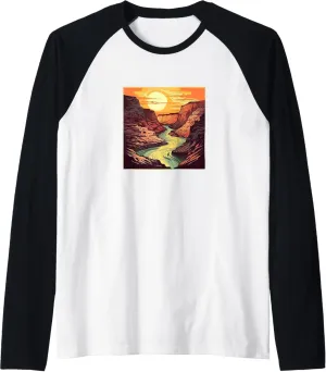 Canyon With River Vintage Landscape Colorful Graphic Raglan Baseball Tee